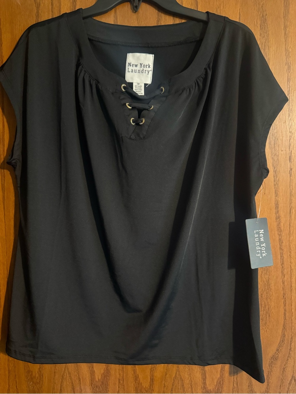 New York Laundry Black Short Sleeve Lace-Up Scoop Neck Top